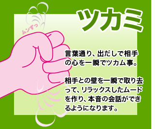 ツカミ 言葉通り、出だしで相手の心を一瞬でツカム事。相手との壁を一瞬で取り去って、リラックスしたムードを作り、本音の会話ができるようになります。